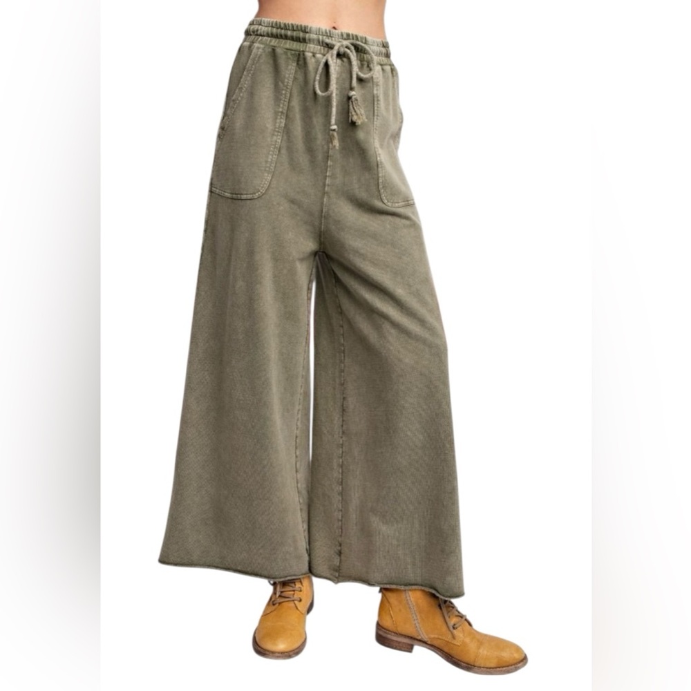 Easel Mineral Washed‎ Terry Knit Wide Leg Palazzo Pants Gray Green
